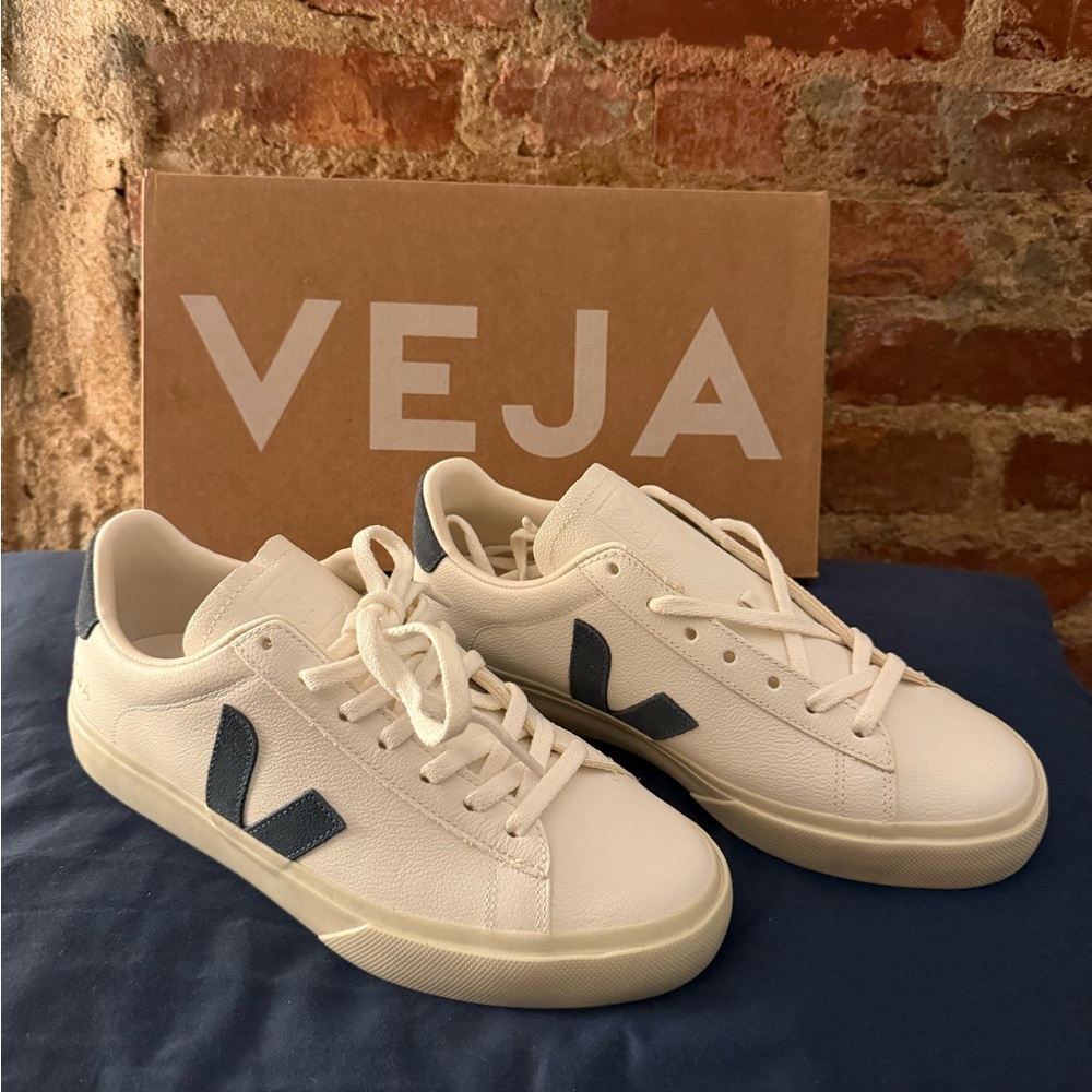 Veja White and Blue Minimalist Sneakers